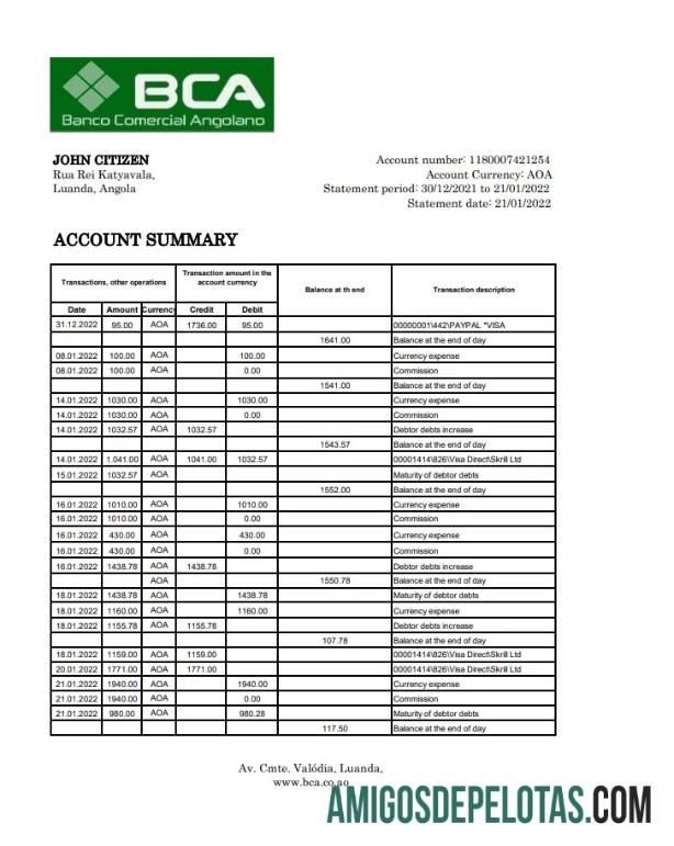 Angola Banco Comercial Angolano Bank Statement Xls modelo